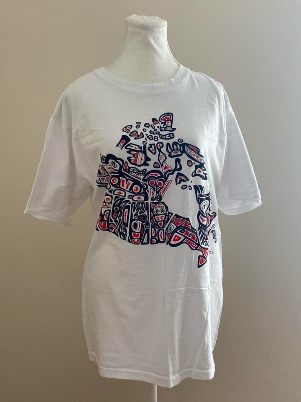 White Graphic Tee with Red & Navy Abstract Print